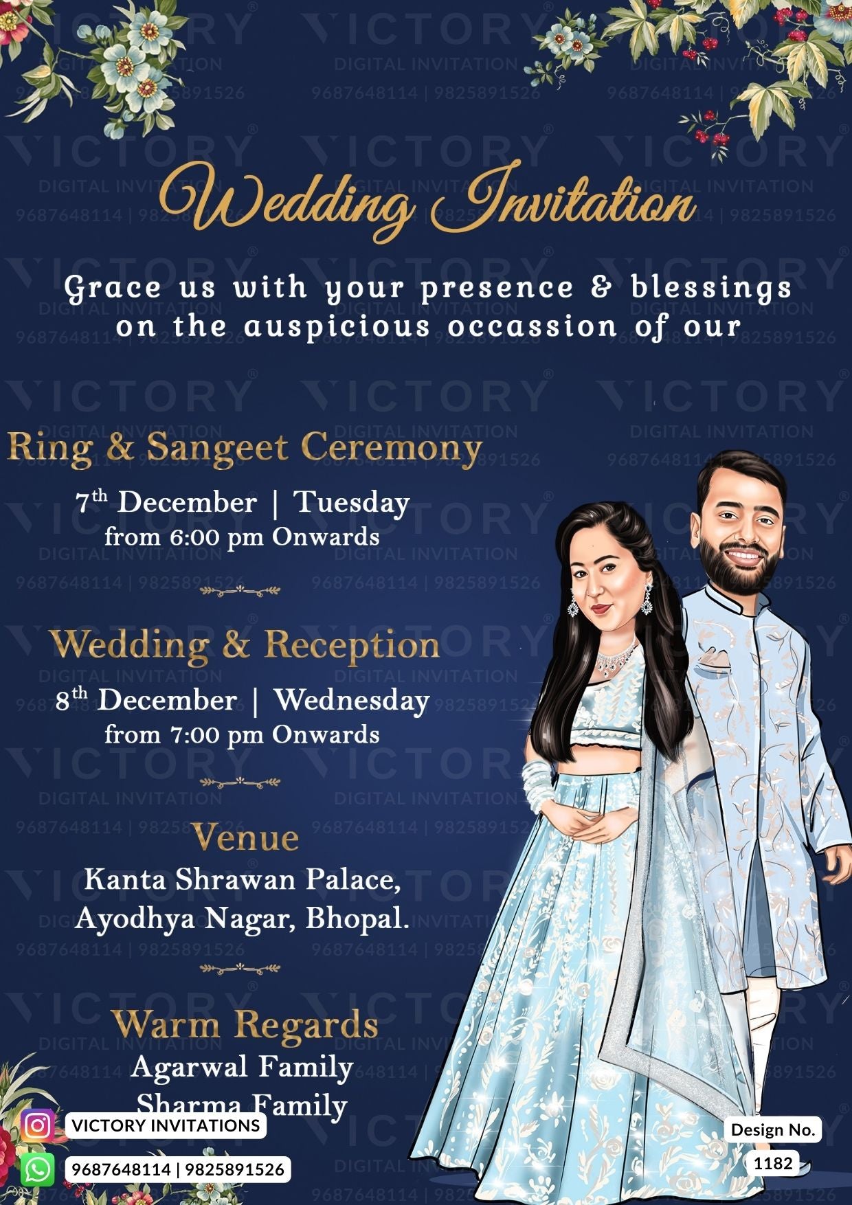 Blue and Green Whimsical Floral Theme Long Distance Couple Digital Wedding Invites with Couple Caricature Illustrations, Design no. 1182