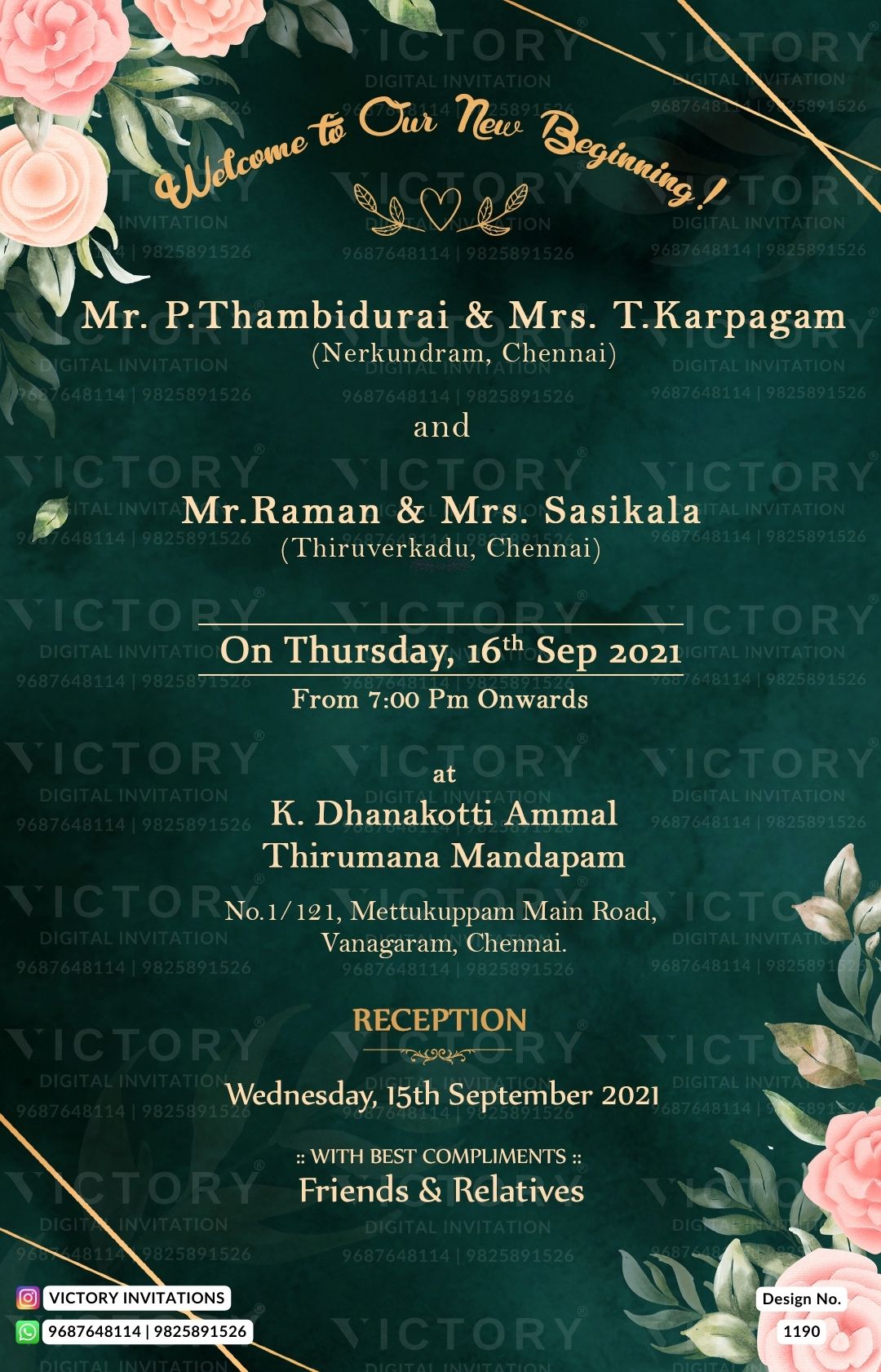 "Emerald Green Backdrop and Blush Pink Botanical Wedding Invitation Design with Intricate Detailing and Photo Frame" Design no. 1190