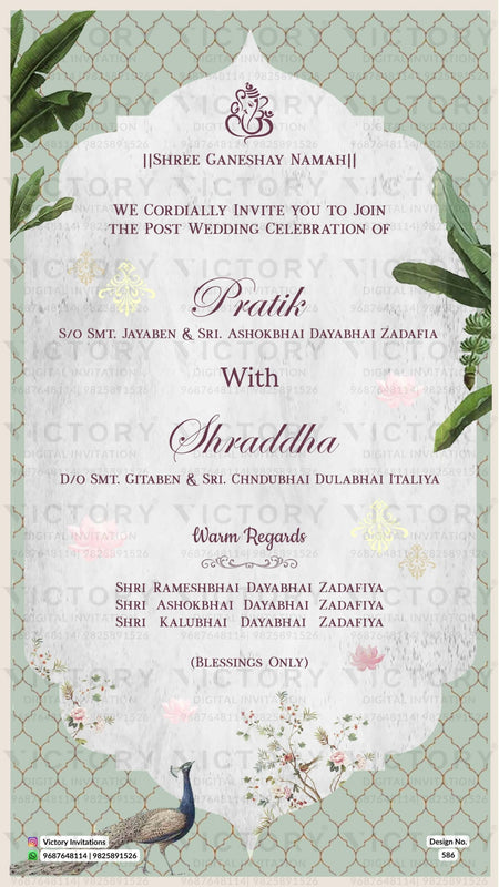 Traditional Floral Pastel Ivory and Green Vintage Theme Online Wedding Invitations with Vibrant Indian Folk Artists Illustrations