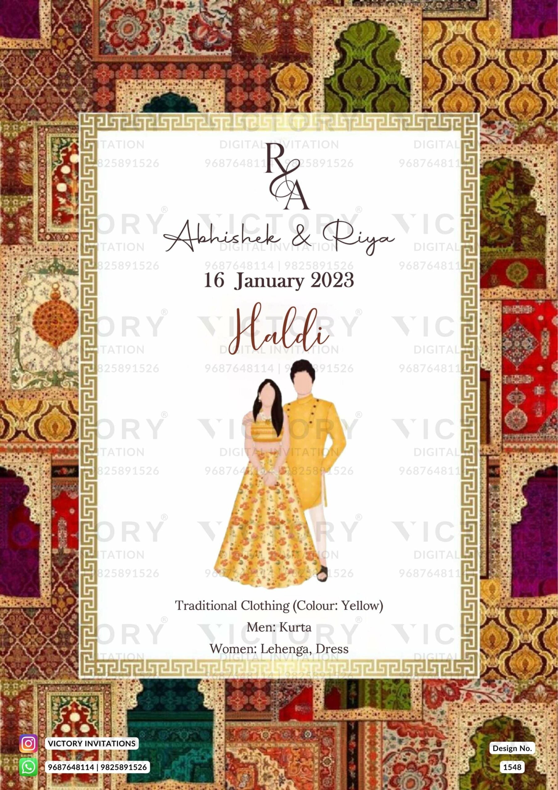 White and Vibrant Shaded Traditional Indian Vintage Theme Online Wedding Cards with Festive Indian Couple No-face Caricature Illustrations