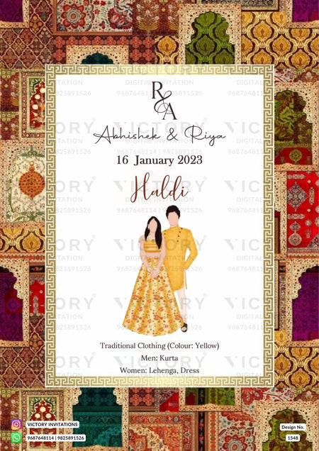 White and Vibrant Shaded Traditional Indian Vintage Theme Online Wedding Cards with Festive Indian Couple No-face Caricature Illustrations