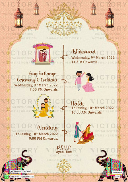 "An Exquisite Vintage-themed Digital Wedding Invitation with Burgundy Vintage Lanterns, Royal Temple Elephants, and Gold Sparrow Motifs for a Lavish Indian Hindu Wedding Celebration" Design no. 2195
