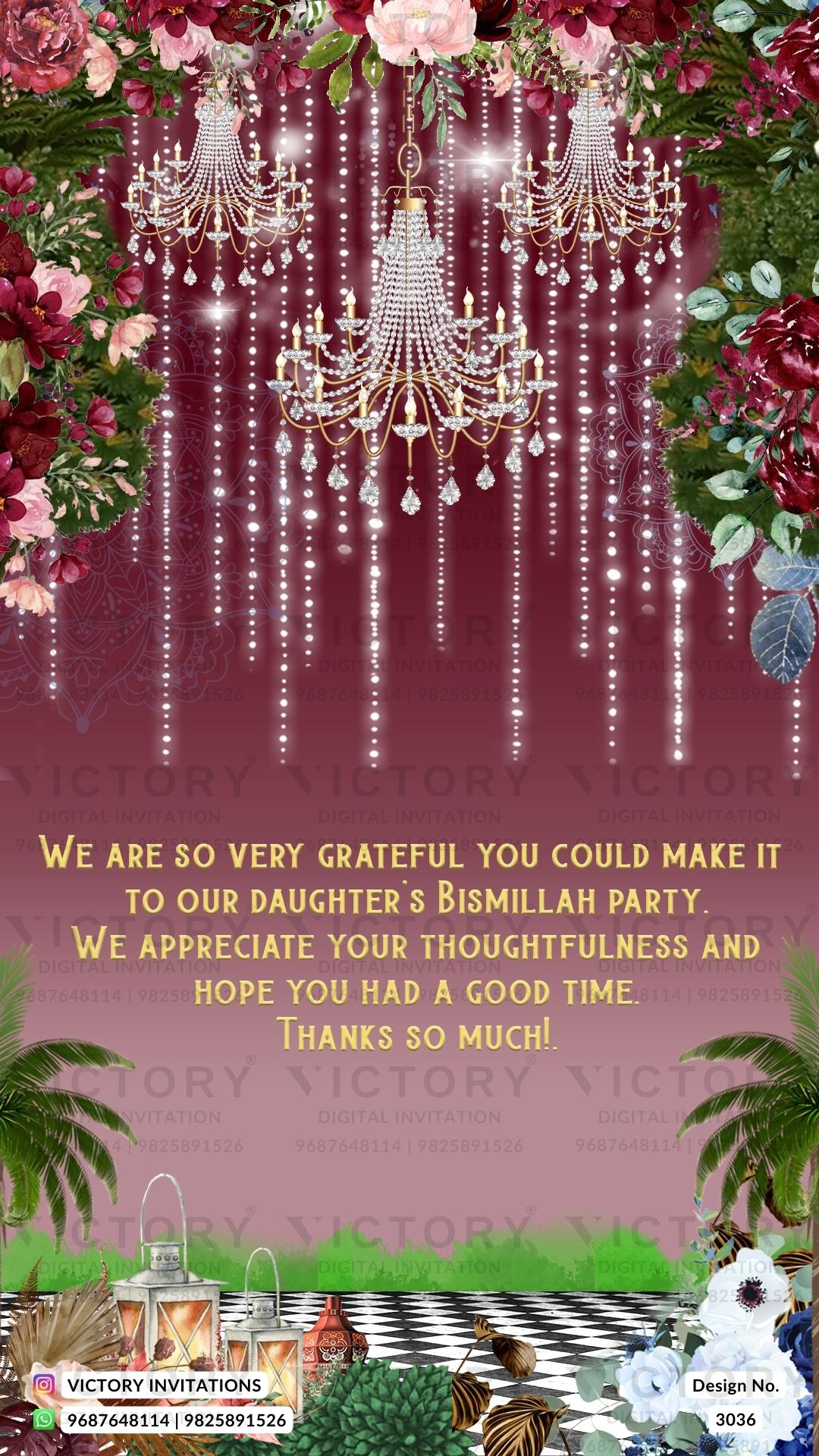 Nikah Wedding Thank You Card Featuring Allah Logo in Glittering Gold and Lush Botanicals in Maroon and White Gradient. Design no. 3036