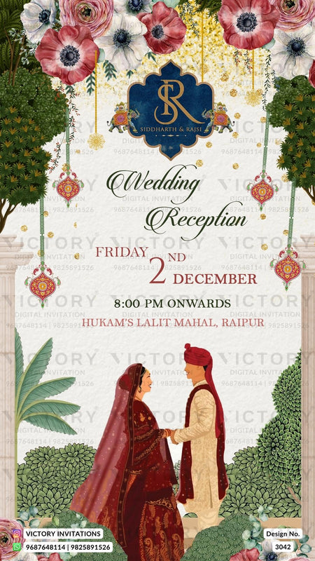 A Beautifully Designed Wedding Ceremony Invitation Card featuring Stunning Floral Elements, Vintage Couple Logo, and Couple Doodle. Design no. 3042