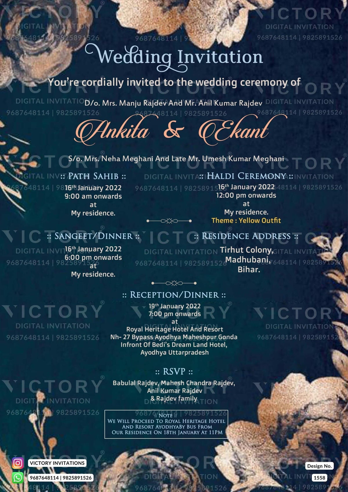 "Unveiling a Breathtaking Wedding Invitation Card: A Magnificent Design of Tealish Blue Texture, Exquisite Golden Glitter Rose Flower, and Sophisticated Details Featuring Couple's Image for an Indian Hindu Wedding Celebration"
