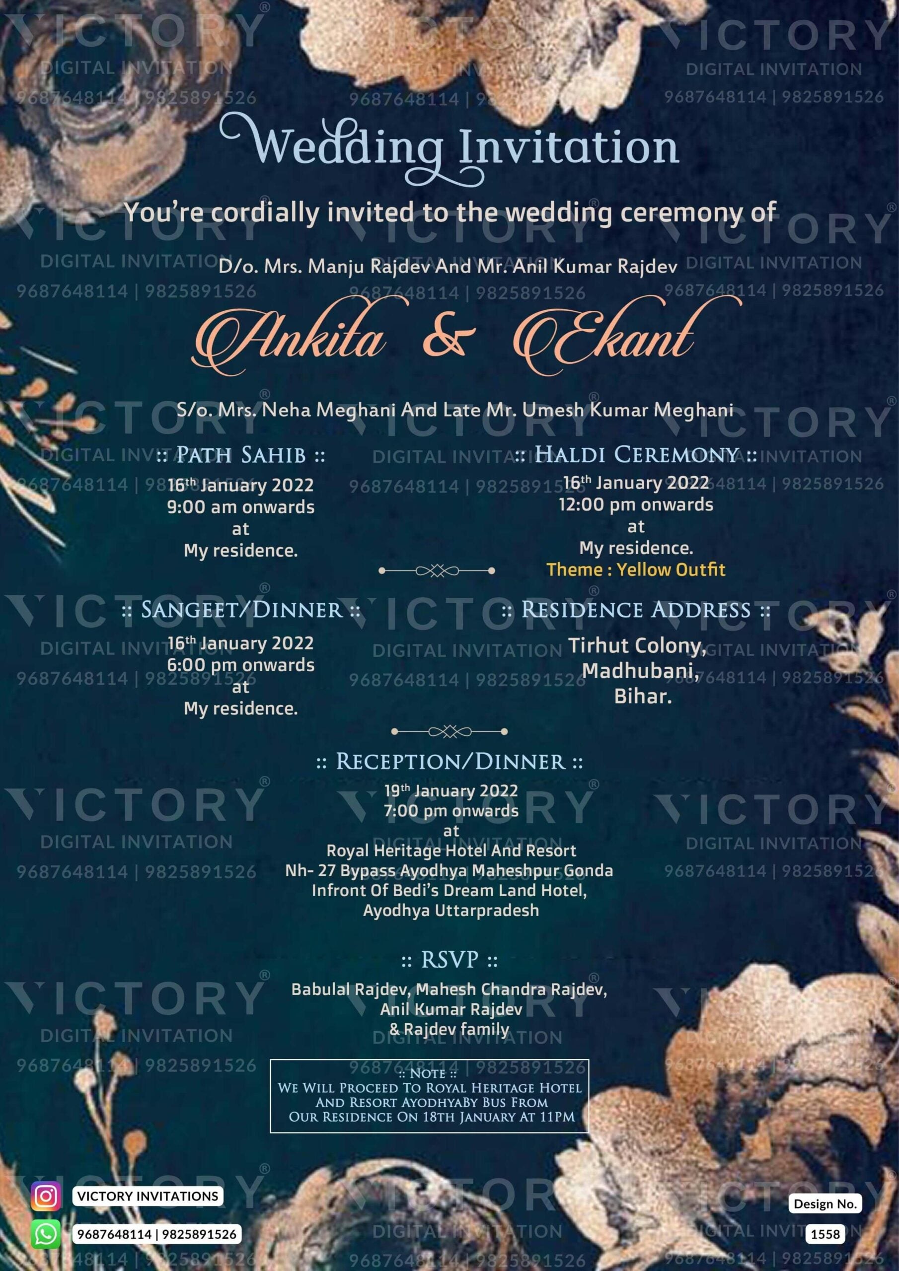 "Unveiling a Breathtaking Wedding Invitation Card: A Magnificent Design of Tealish Blue Texture, Exquisite Golden Glitter Rose Flower, and Sophisticated Details Featuring Couple's Image for an Indian Hindu Wedding Celebration"