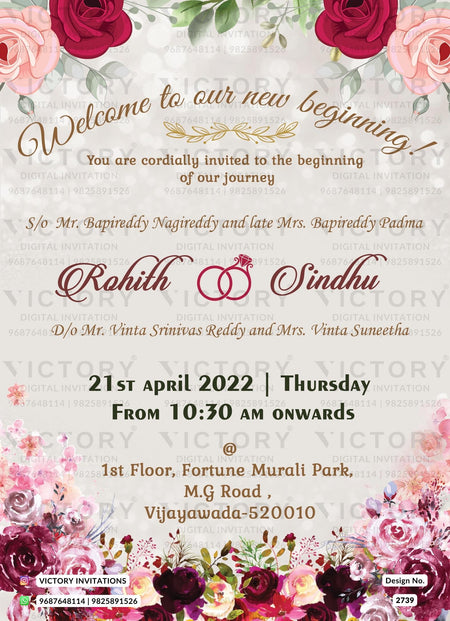"Sparkling Digital Invitation Card Featuring Traditional Attire Caricature for a Beautiful Engagement, Elegant Hanging Lanterns, Floral Adornments, and Leafy Design with Essential Details" Design no. 2739