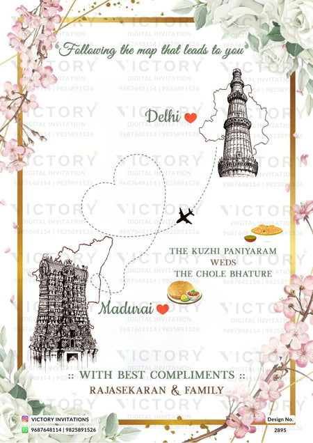 "The Magnificent Digital Wedding Invitation Card, Stunning Design, Beautiful Illustrations, Ethereal Milk-White Background, Captivating Gold Frame, Mesmerizing Blossom Flower Corners, and Verdant Green Leaves. Design no. 2895