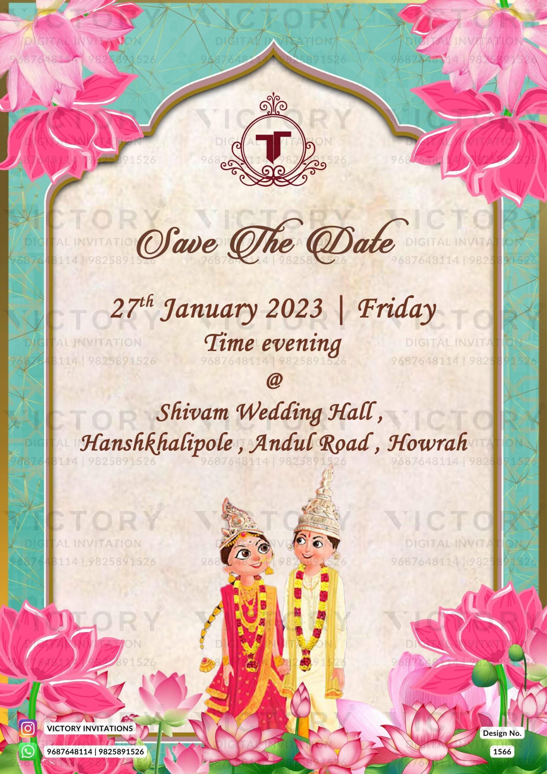 Witness the Ethereal Beauty of the Classic Turquoise and Shocking Pink Lilies Themed Online Wedding Invitation with a Traditional Indian Couple Doodle!