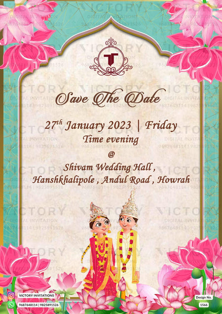 Witness the Ethereal Beauty of the Classic Turquoise and Shocking Pink Lilies Themed Online Wedding Invitation with a Traditional Indian Couple Doodle!