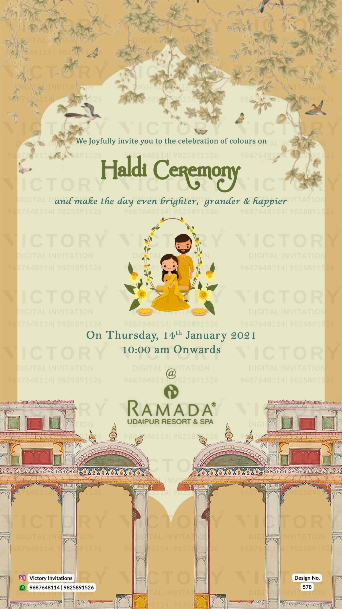 Floral Muted-Pastel Green and Brown Vintage Theme Digital Wedding Invites with Festive Indian Bride and Groom Doodle Illustrations