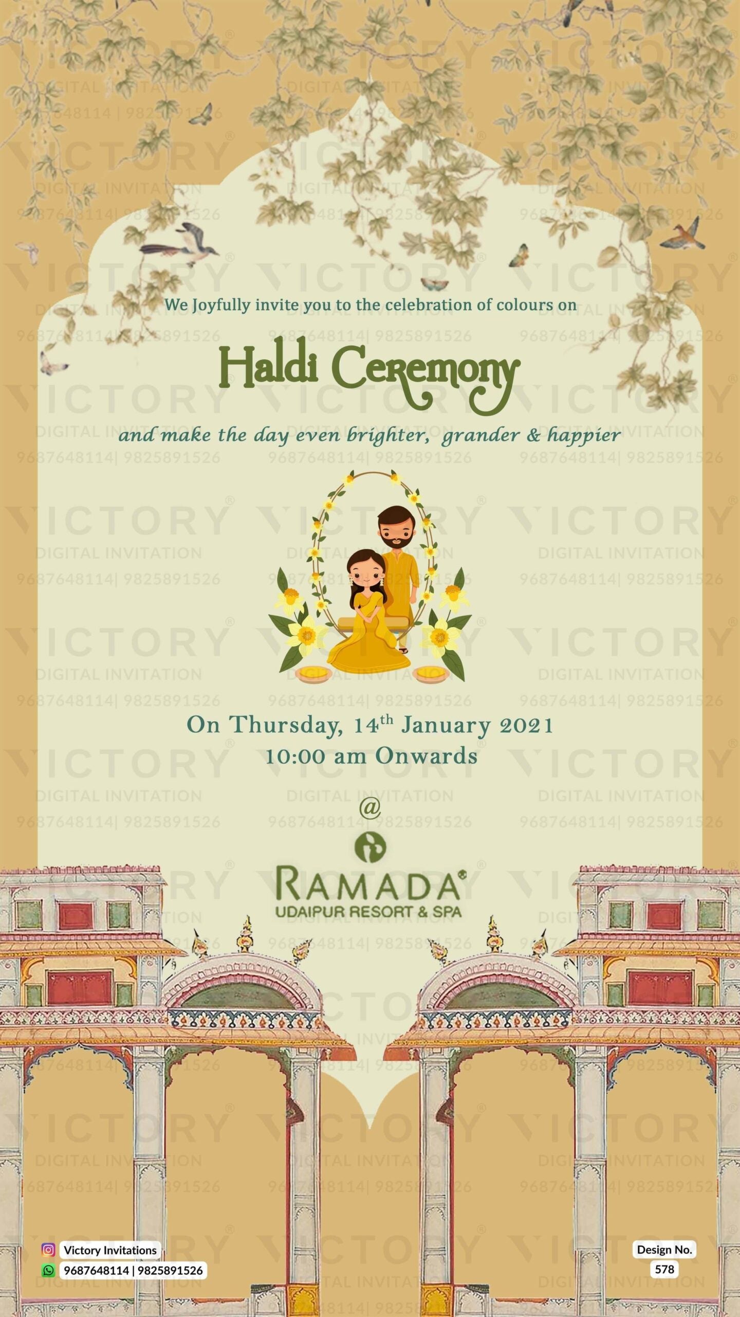 Floral Muted-Pastel Green and Brown Vintage Theme Digital Wedding Invites with Festive Indian Bride and Groom Doodle Illustrations