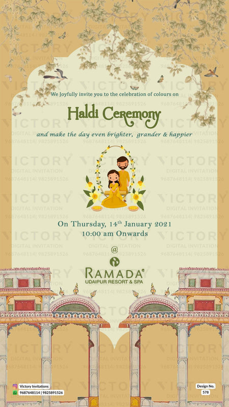Floral Muted-Pastel Green and Brown Vintage Theme Digital Wedding Invites with Festive Indian Bride and Groom Doodle Illustrations