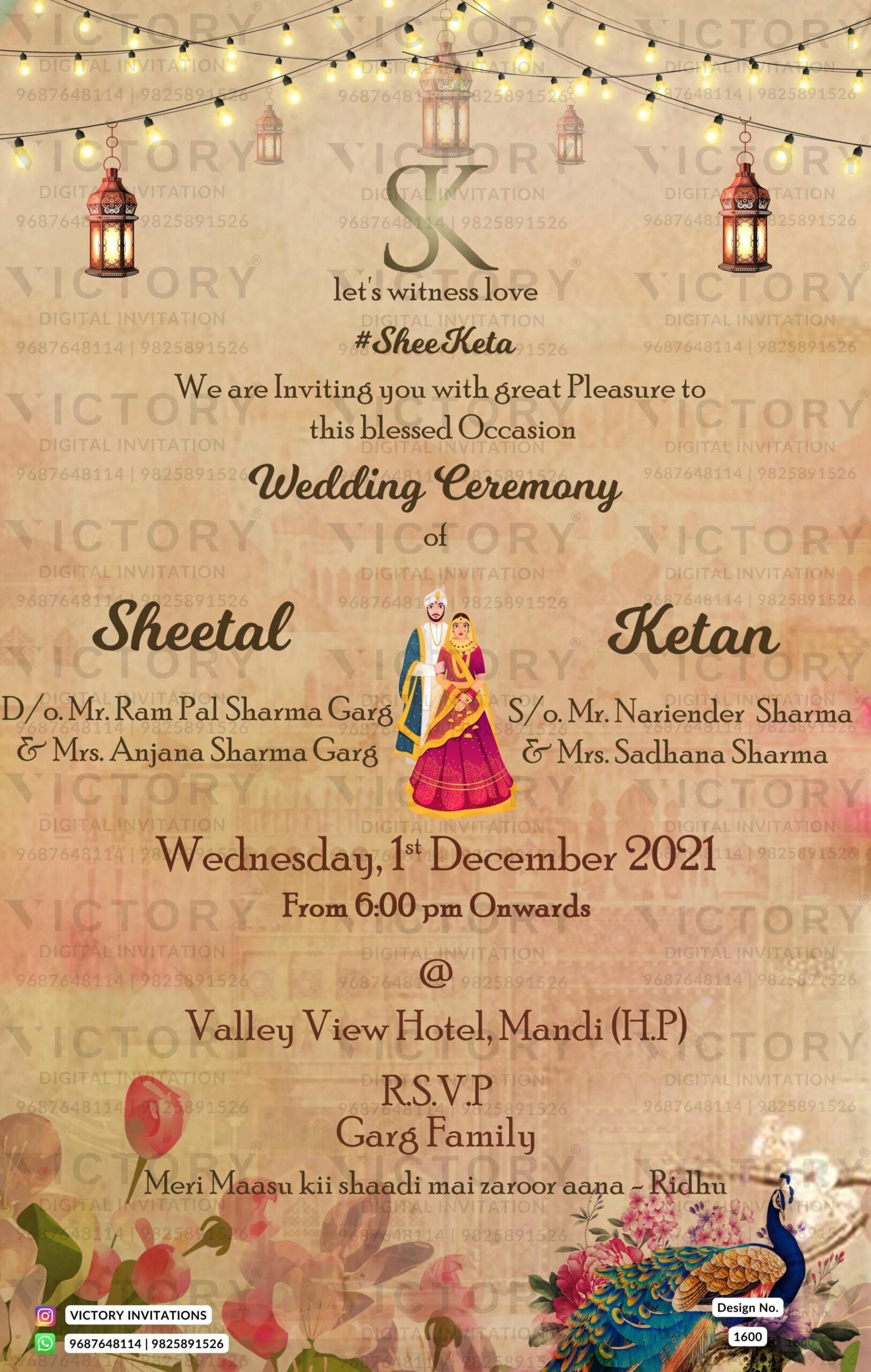 A Captivating Digital Invitation Card with Vintage Appeal for the Union of Groom and Bride, Featuring Charming Sorrell Brown and Captivating Pink Shades, Mesmerizing Yellow Bright Bulbs, Magnificent Bronze Lanterns, and Endearing Couple Doodles in Traditional Attire
