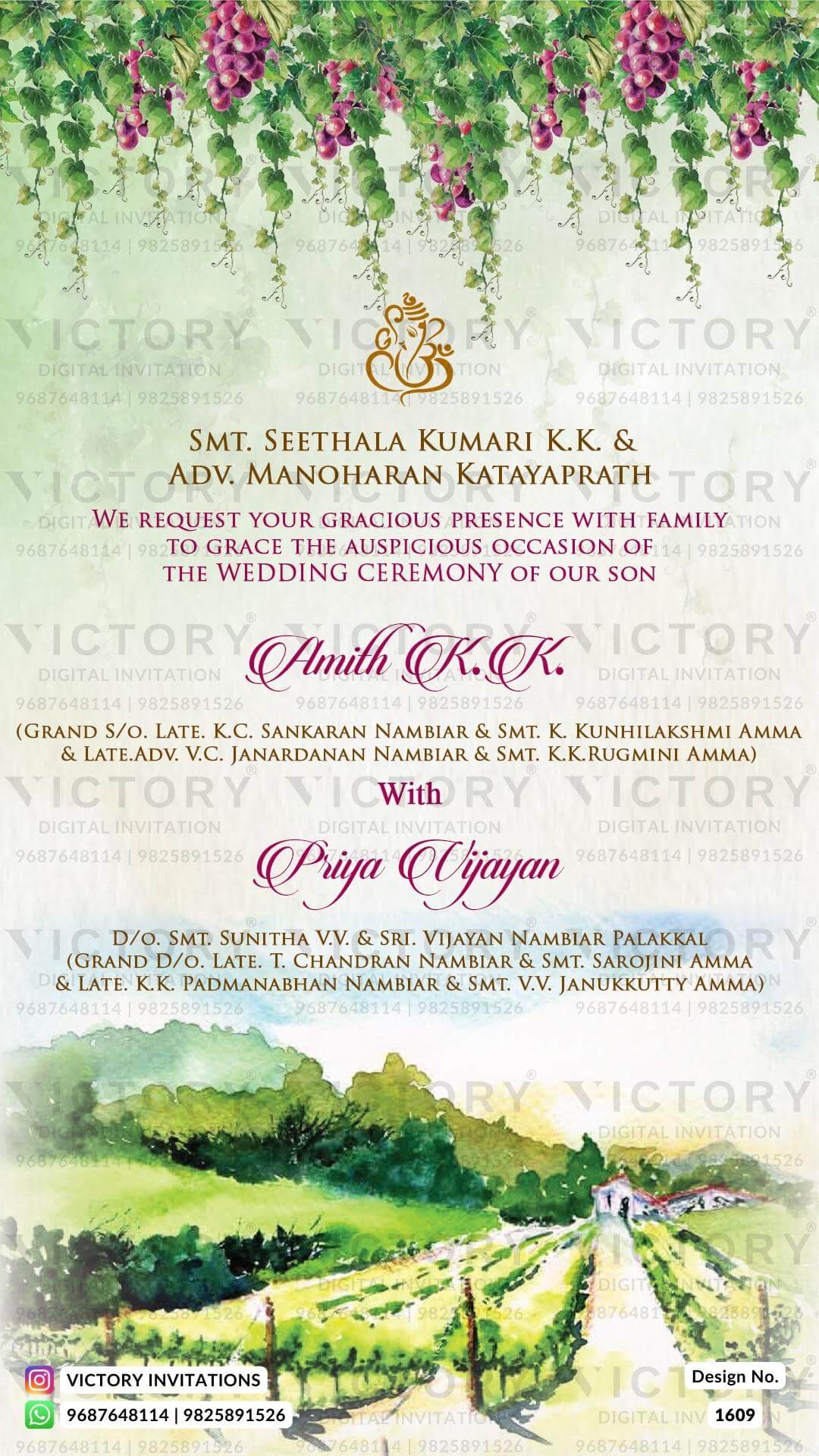 Water-colored Green and Brown Botanical Countryside Theme Indian Electronic Wedding Invitations