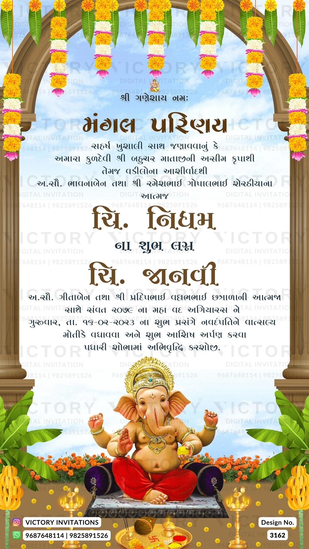 A Mesmerizing Colors and Elegance Unveiling a Wedding Invitation with Couple's Doodles, Regal Gates, and Ganesha's Motif, Marigold and Blooms Delights, Design no.3162