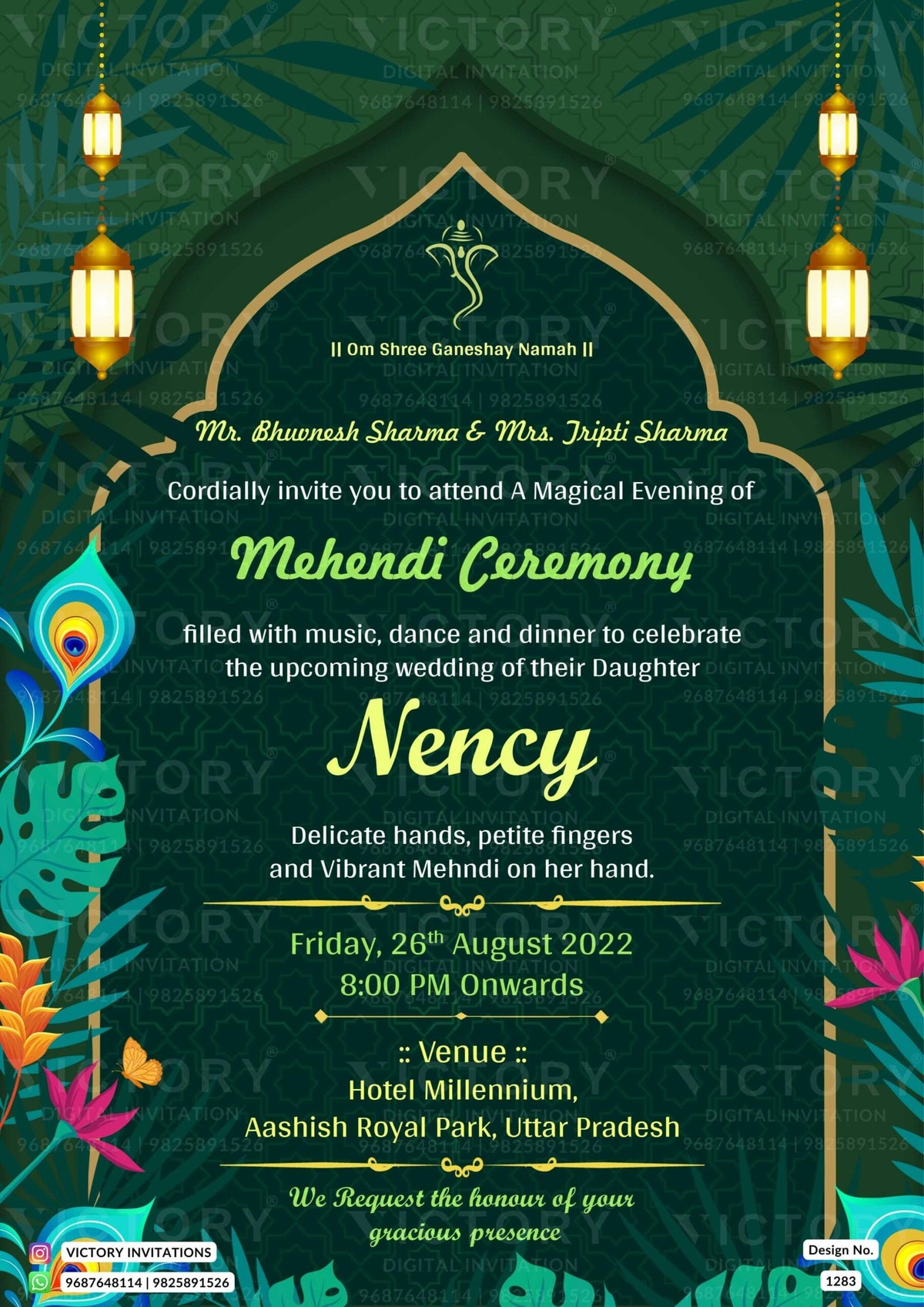 A Regal Mehendi E-Invite with the backdrop of Dark Green Hues, Divine Ganesha Motif, Ornate Arch Design, and Bride's Mehendi Doodle, design no.1283