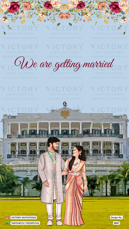 An Exquisite Love Story-Themed Wedding Ceremony E-Invitation Cards Featuring Couple Caricature and Festive Doodle. Design no. 2857