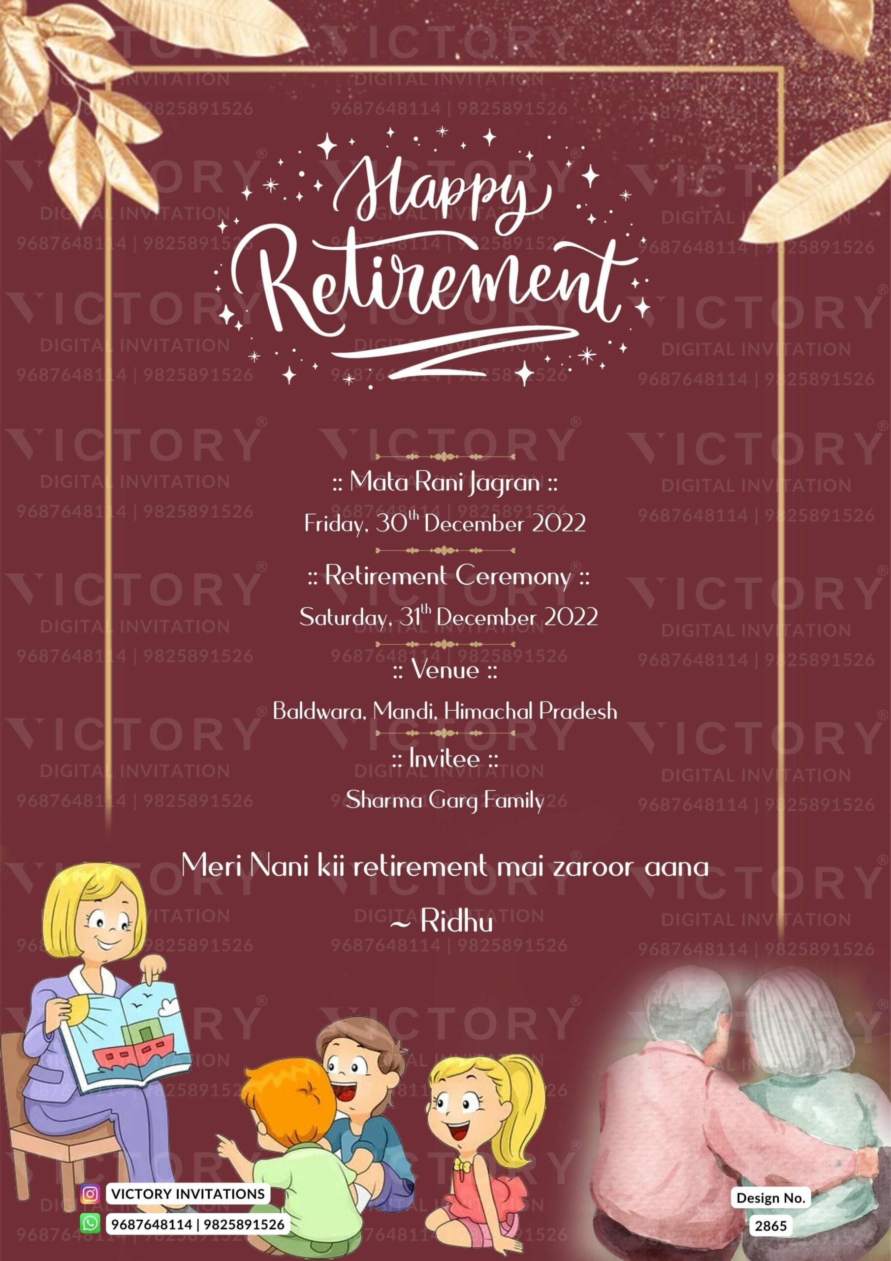 Retirement Party invitation card in english language with frame, leaves as minimalistic theme design 2865