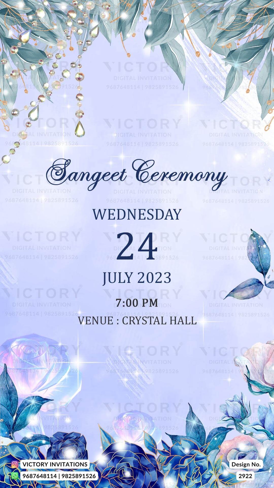 Sangeet Sandhya Ceremony invitation card in english language with couple logo, glitter as artistic leaves theme design 2922