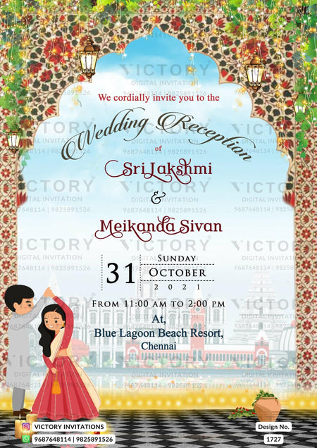 An Enchanting Sky Blue E-wedding invite with a Gilded Arch Design, an Enthralling Doodle of the couple, and a Serenading Waterfall Amidst Lush Foliage, Design no.1727