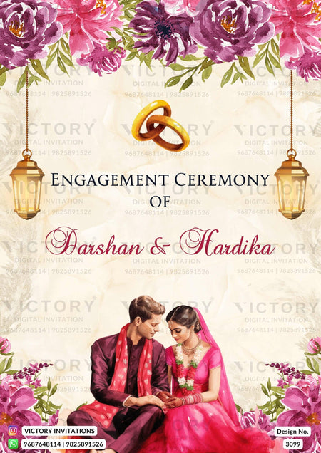 Engagement ceremony invitation card in english language with flowers, couple doodle as floral theme design 3099