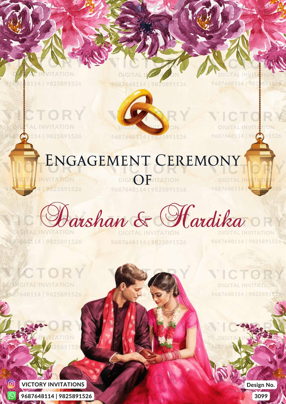 Engagement ceremony invitation card in english language with flowers, couple doodle as floral theme design 3099