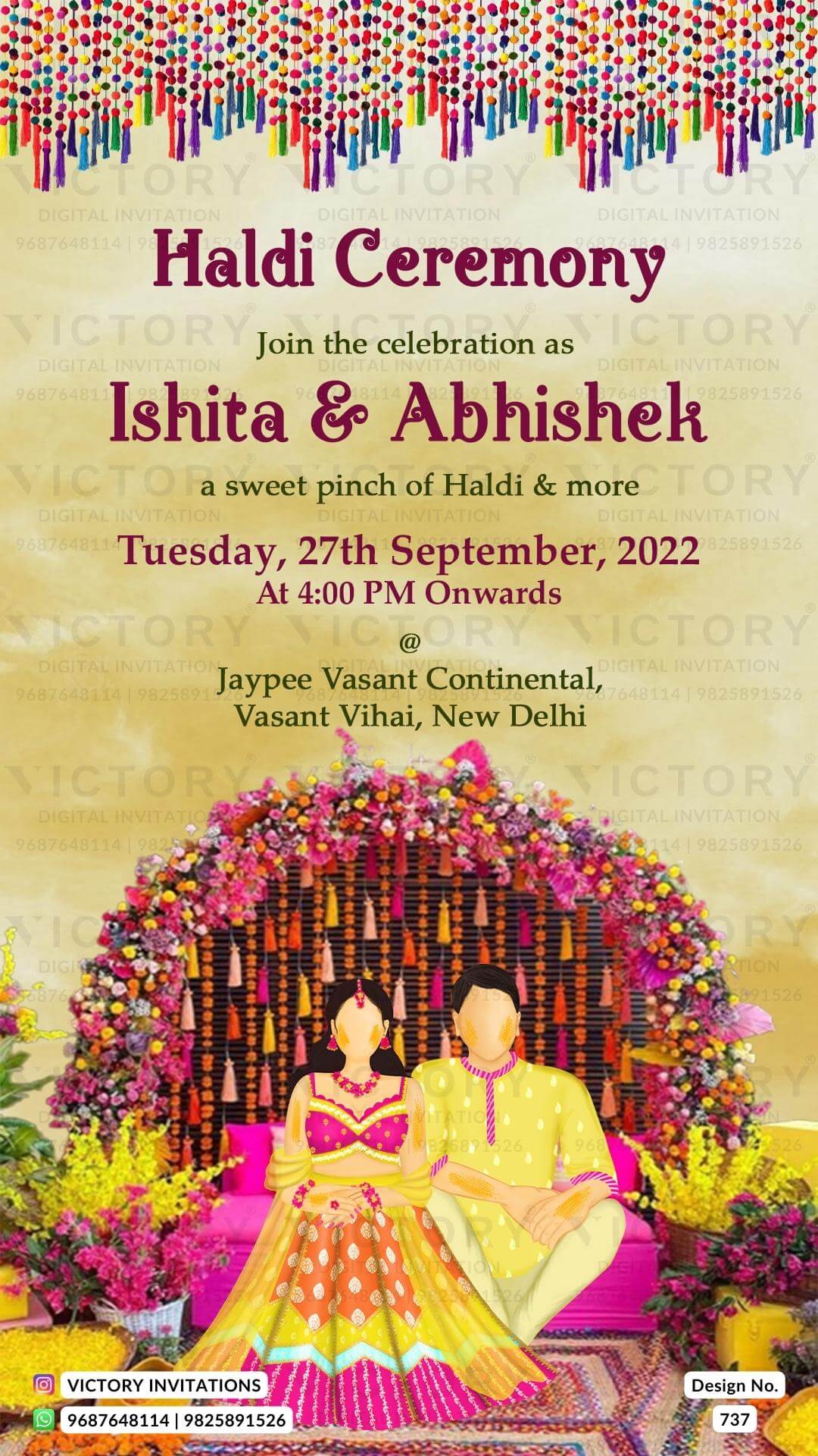Stunning Vibrant and Pastel Shaded Festive Indian Electronic Wedding Cards with Festive Backdrops and No-Face Haldi Couple doodle