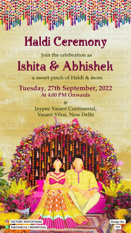 Stunning Vibrant and Pastel Shaded Festive Indian Electronic Wedding Cards with Festive Backdrops and No-Face Haldi Couple doodle