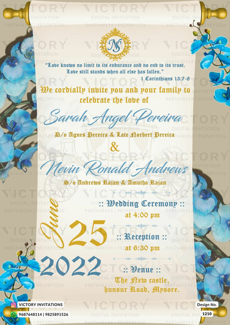 Gold and Blue Whimsical Cinderella Theme Digital Wedding Invites with Couple Caricature illustration, Design no. 1210