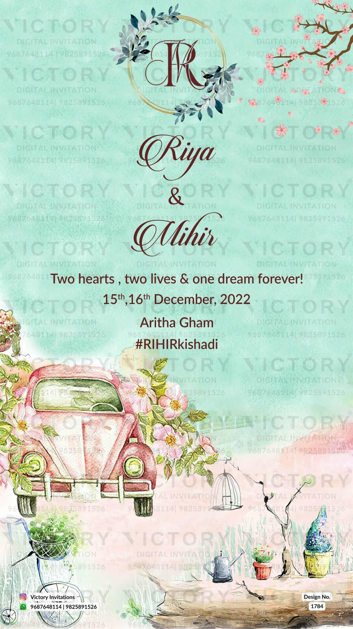 Water-colored Blue and Green Classic Whimsical Garden Theme Indian Wedding E-invitations with Festive Bride and Groom Caricature Illustrations,
