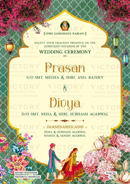 Traditional Beige and Vibrant-Shaded Vintage Floral Theme Digital Wedding Invites with Festive Indian Bride and Groom Doodle