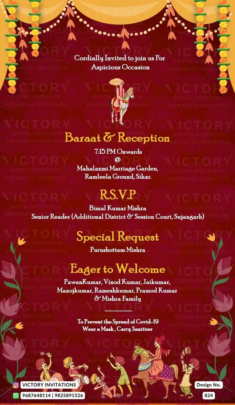 "Exquisite Burgundy Red Indian-Hindu Wedding Digital Invitation Card with Traditional Doodles and Floral Decor"