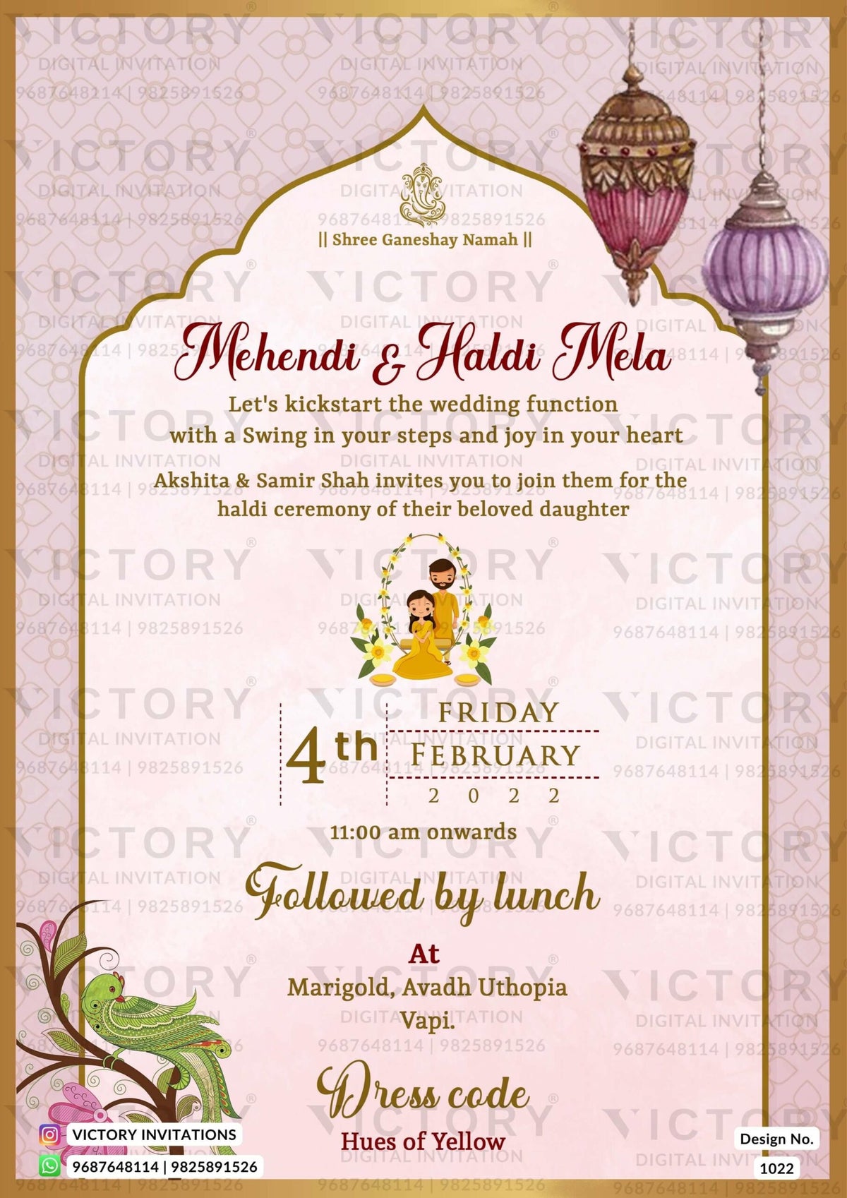 A Pink Oyster Wedding Invitation with Ganesha Blessings, Couple Doodles, and Artistic Arch Design