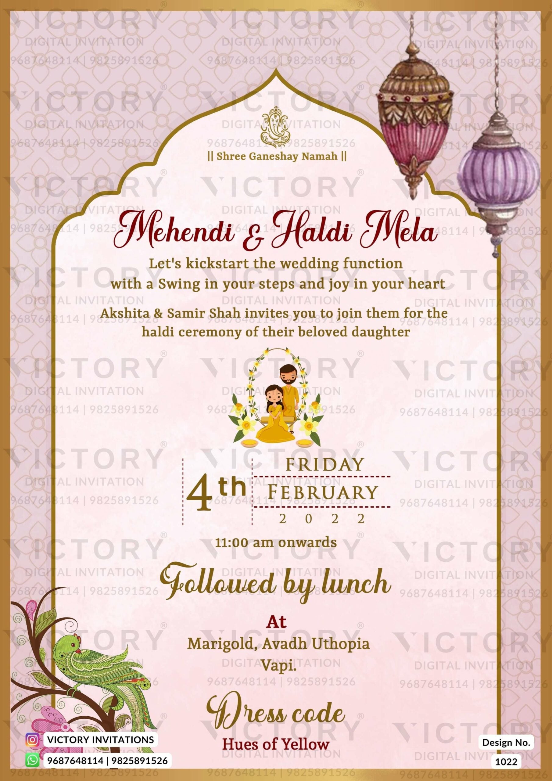 A Pink Oyster Wedding Invitation with Ganesha Blessings, Couple Doodles, and Artistic Arch Design