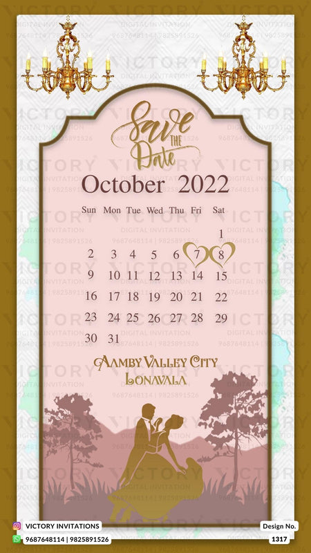 Voguish Turquoise and Gold Whimsical Theme Save the Date Wedding Invitations with Destination Wedding Location Illustration, Design no. 1317