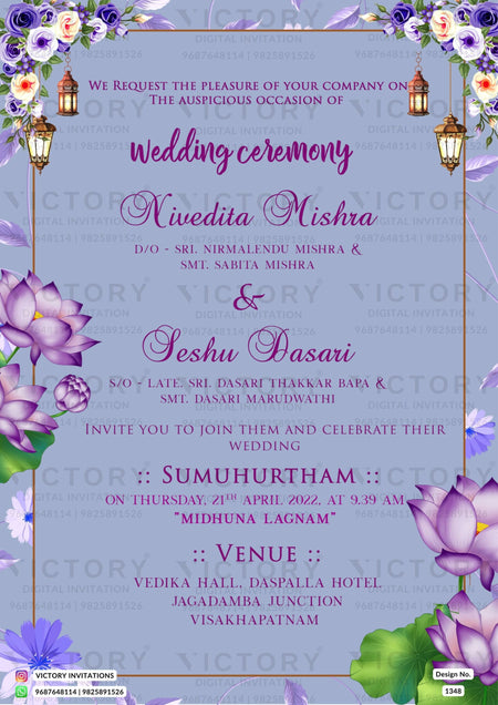 Muted Blue and Lilac Floral Theme Indian Electronic Wedding Invitations, Design no. 1348