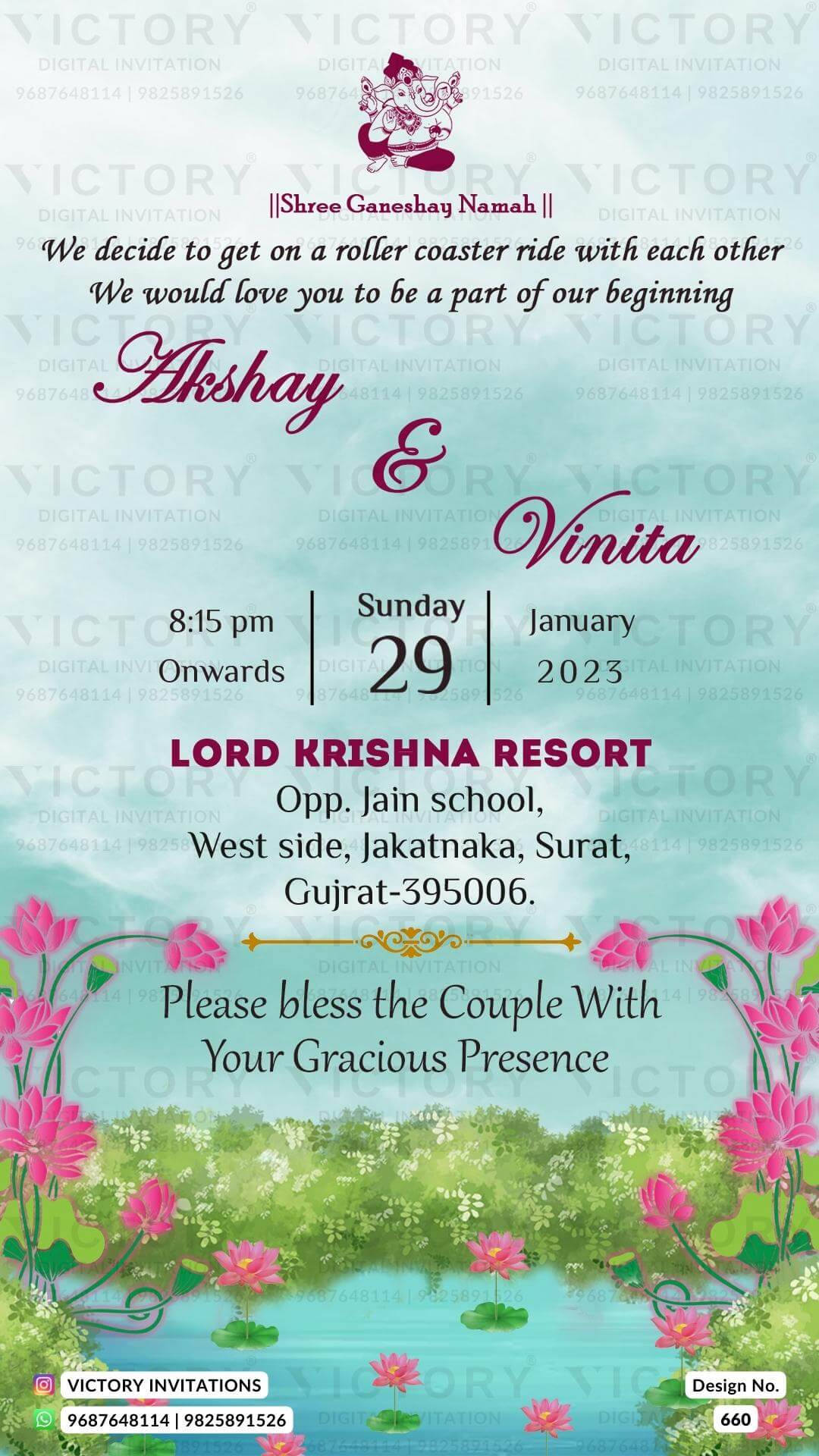 Vibrant Water-Colored Electric Blue and Gold Traditional Floral Theme Online Wedding Invitations with Lake Resort Original Portrait