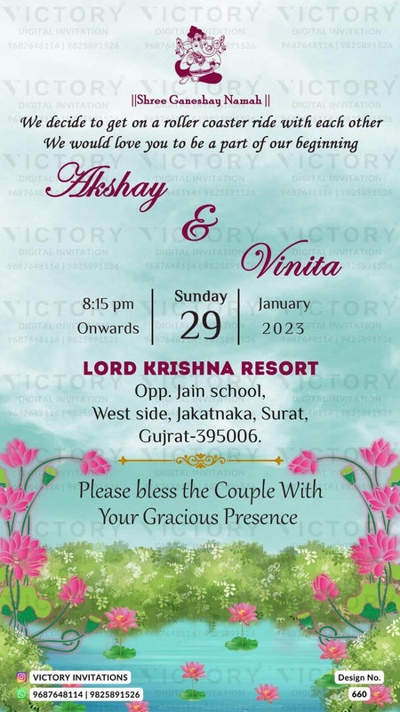 Vibrant Water-Colored Electric Blue and Gold Traditional Floral Theme Online Wedding Invitations with Lake Resort Original Portrait