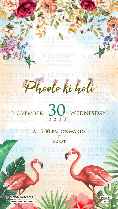 Water-colored Pastel Brown and Green Whimsical Theme Indian Wedding E-invites with No-face Couple Caricature and Luxurious Resorts Illustrations