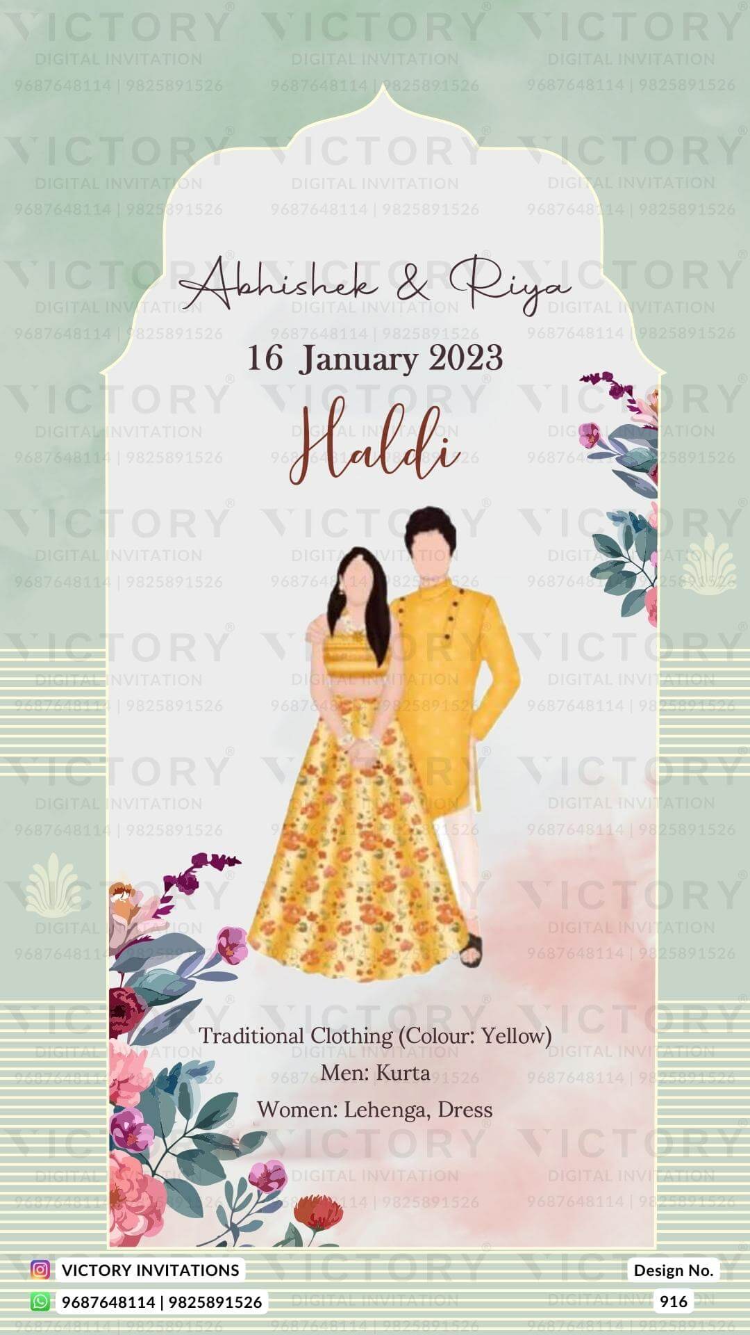 Pastel Pink and Pistachio Green Traditional Floral Theme Indian Wedding E-invitations (Wardrobe Planner) with Festive Indian No-Face Couple Illustrations