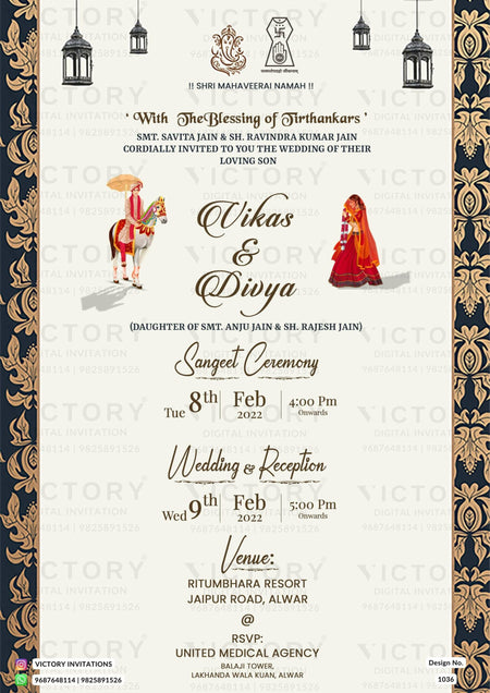 A Mesmerizing Wedding Invitation Card with Milky White Backdrop, Traditional God Motifs, Beautiful Doodles, and Majestic Damask Frame,