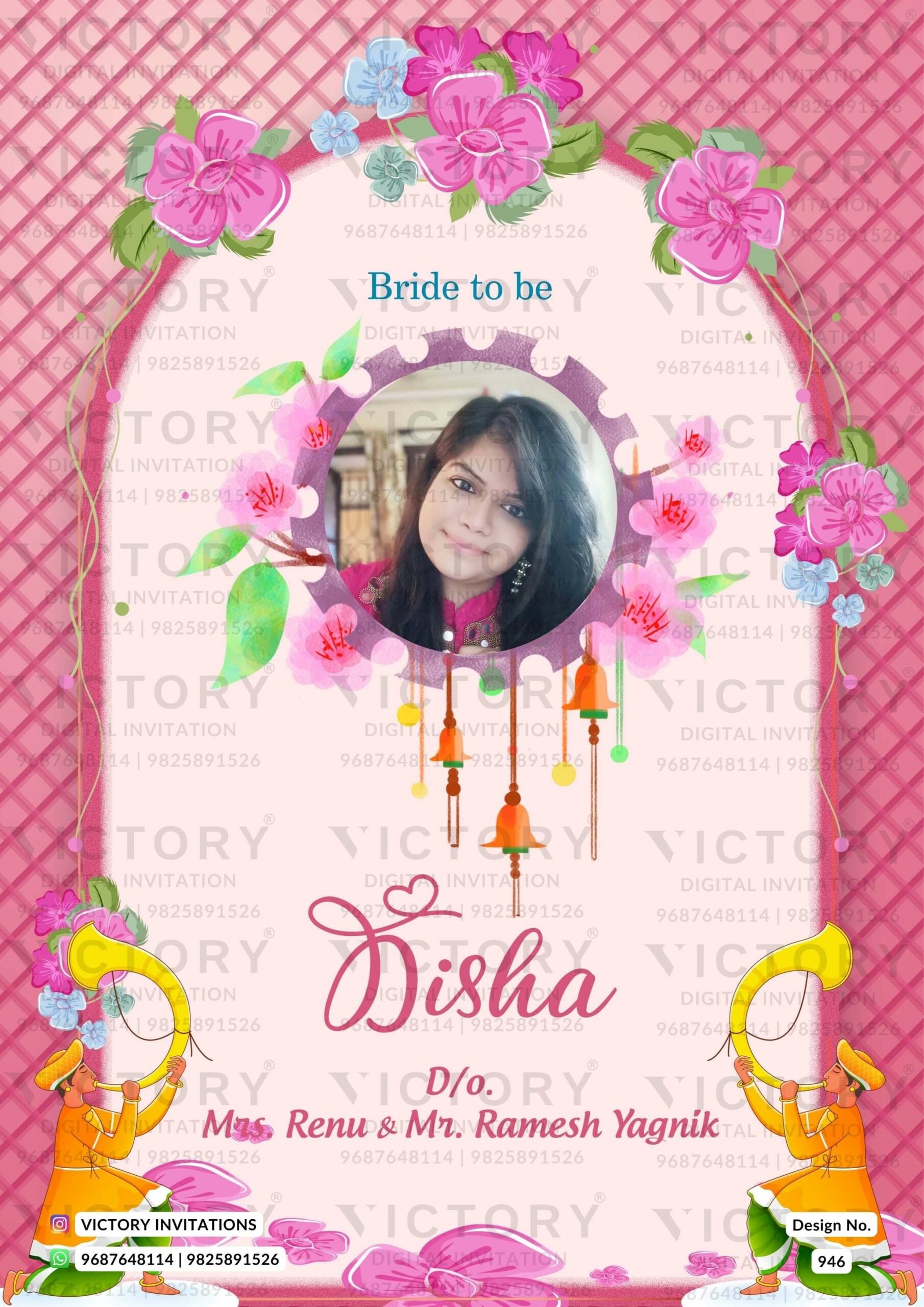 Stunning Pink and Brown Traditional Floral Theme Indian Digital Wedding Invites with Beautiful Original Couple Portraits