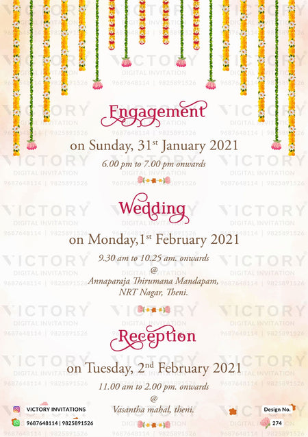 "Floral Watercolor Blush Pink and Gold Wedding Invitation for a -Indian Wedding Ceremony". Design no. 274