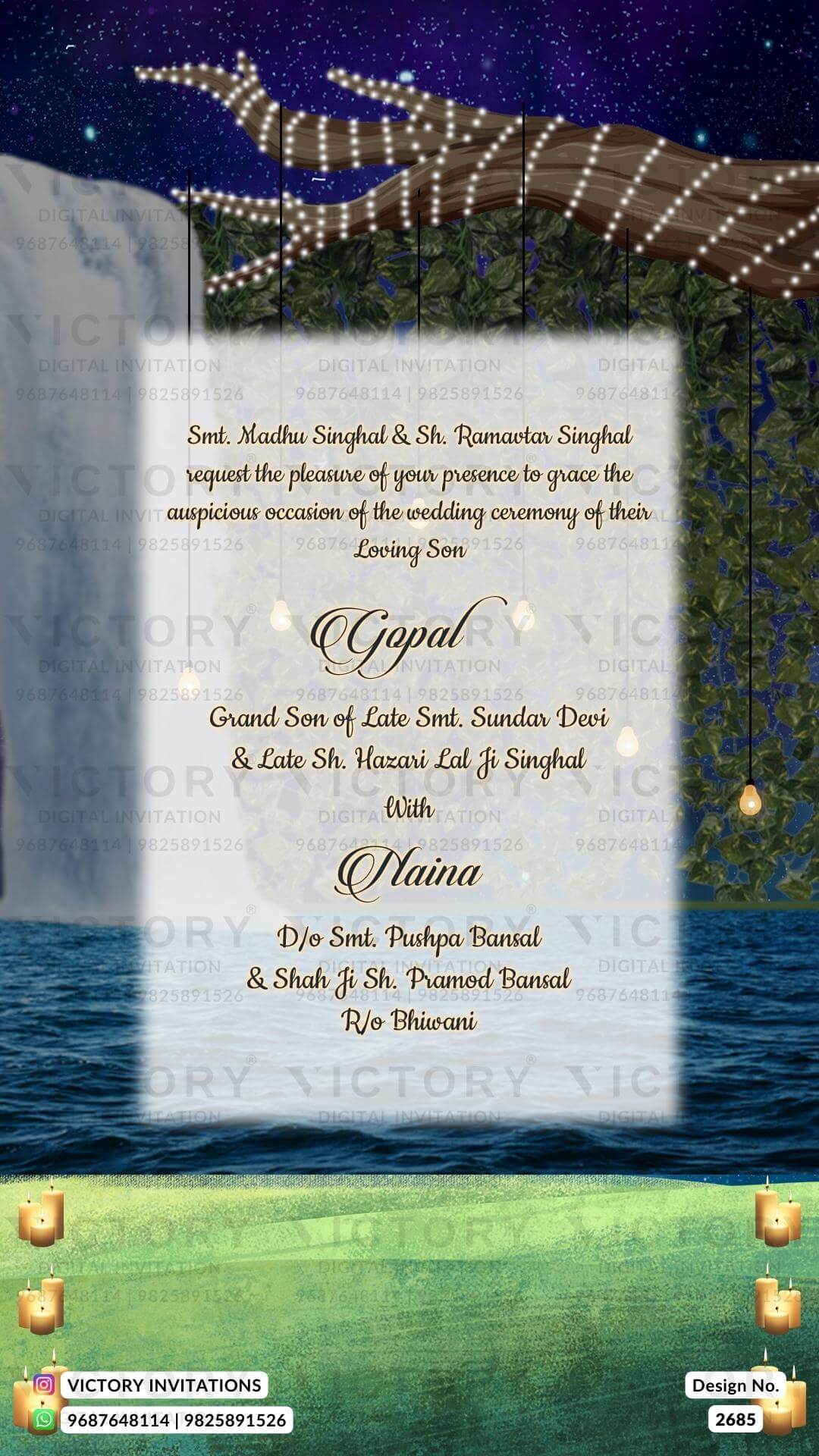 Vibrant Shaded Whimsical Garden Theme Indian Wedding E-cards with Original Couple Portraits and Couple Caricature Illustration, Design no. 2685