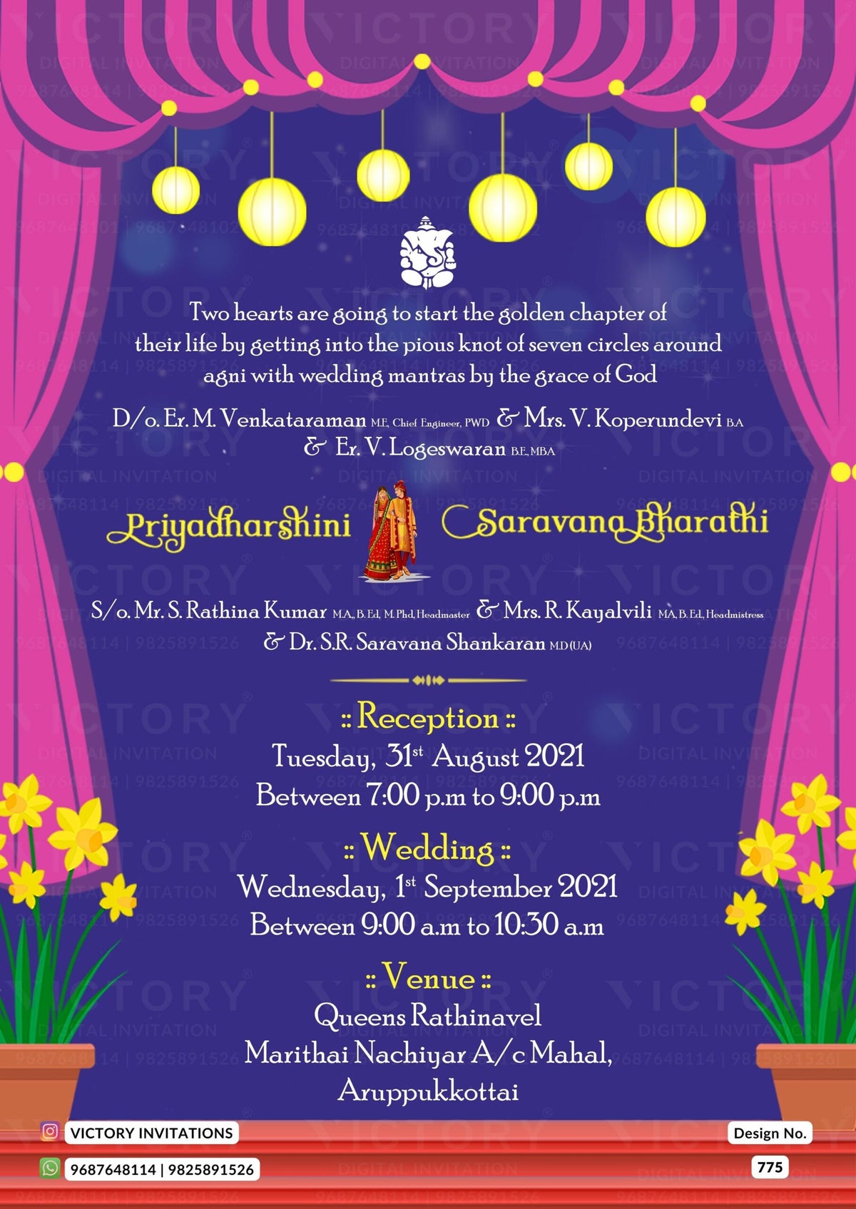 A Lavender Azure background for digital Wedding Invite, Adorned with a Lord Ganesha logo, Hand-drawn doodles of the Couple, and Radiant Patterns. Design no.775