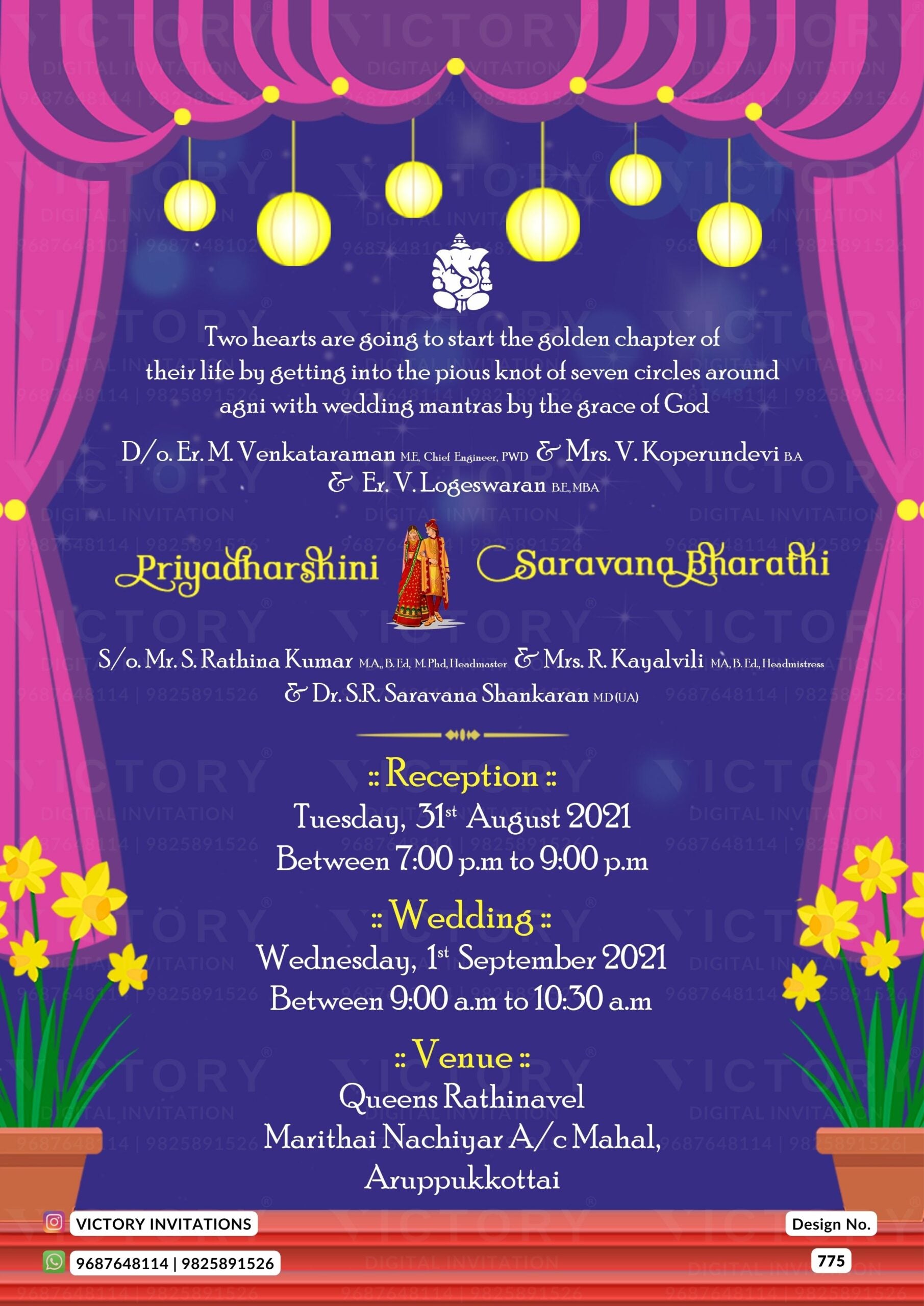 A Lavender Azure background for digital Wedding Invite, Adorned with a Lord Ganesha logo, Hand-drawn doodles of the Couple, and Radiant Patterns. Design no.775