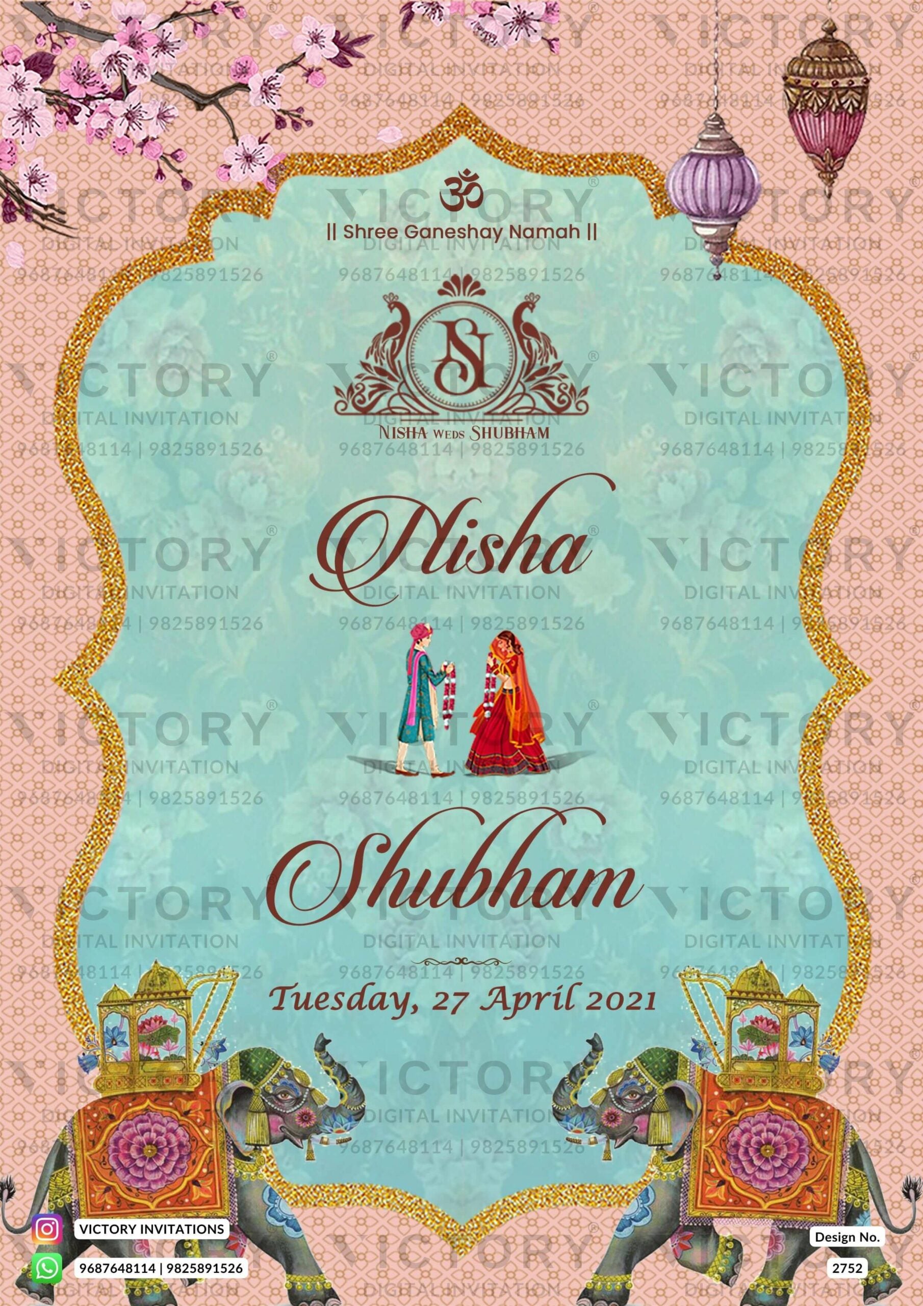 Pastel Pink and Blue Vintage Floral Theme Indian Wedding Save the Date Invitations with Classic Indian Wedding Couple Doodle Illustrations, Design no. 2752