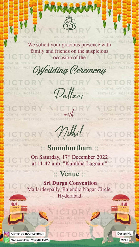 Blush Pink and Ivory Traditional Floral Theme Indian Digital Wedding Invitations with Couple Caricature Illustration, Design no. 2743