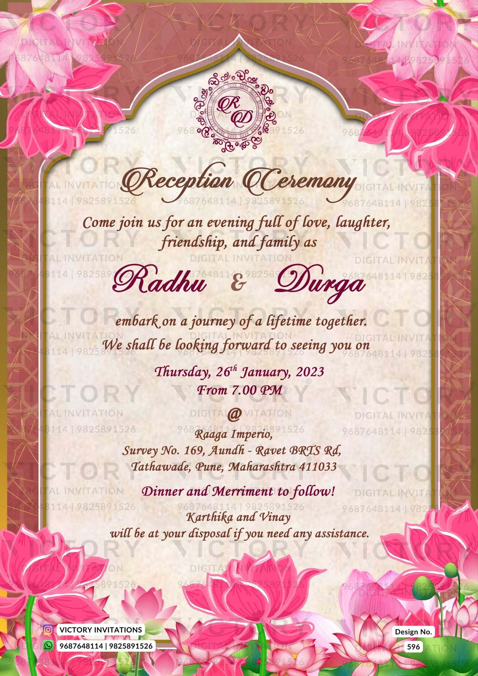 "A Digital Card Design with Pinkish Brown and Albescent White Background, Complemented by Rose Pink & Hot Pink Lotus and Traditional Couple Doodle." Design No. 596